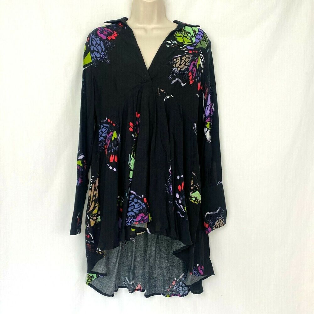 Free People Field Of Butterflies Tunic Top Extra Small Black Flowy Fairy Grunge